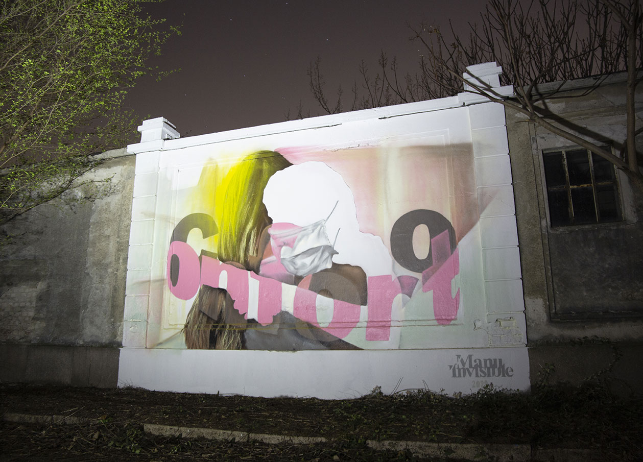 ''Conforto'' Spray and quartz paint on wall 4 x 7 m Milano (Covid 19 tribute) 2020