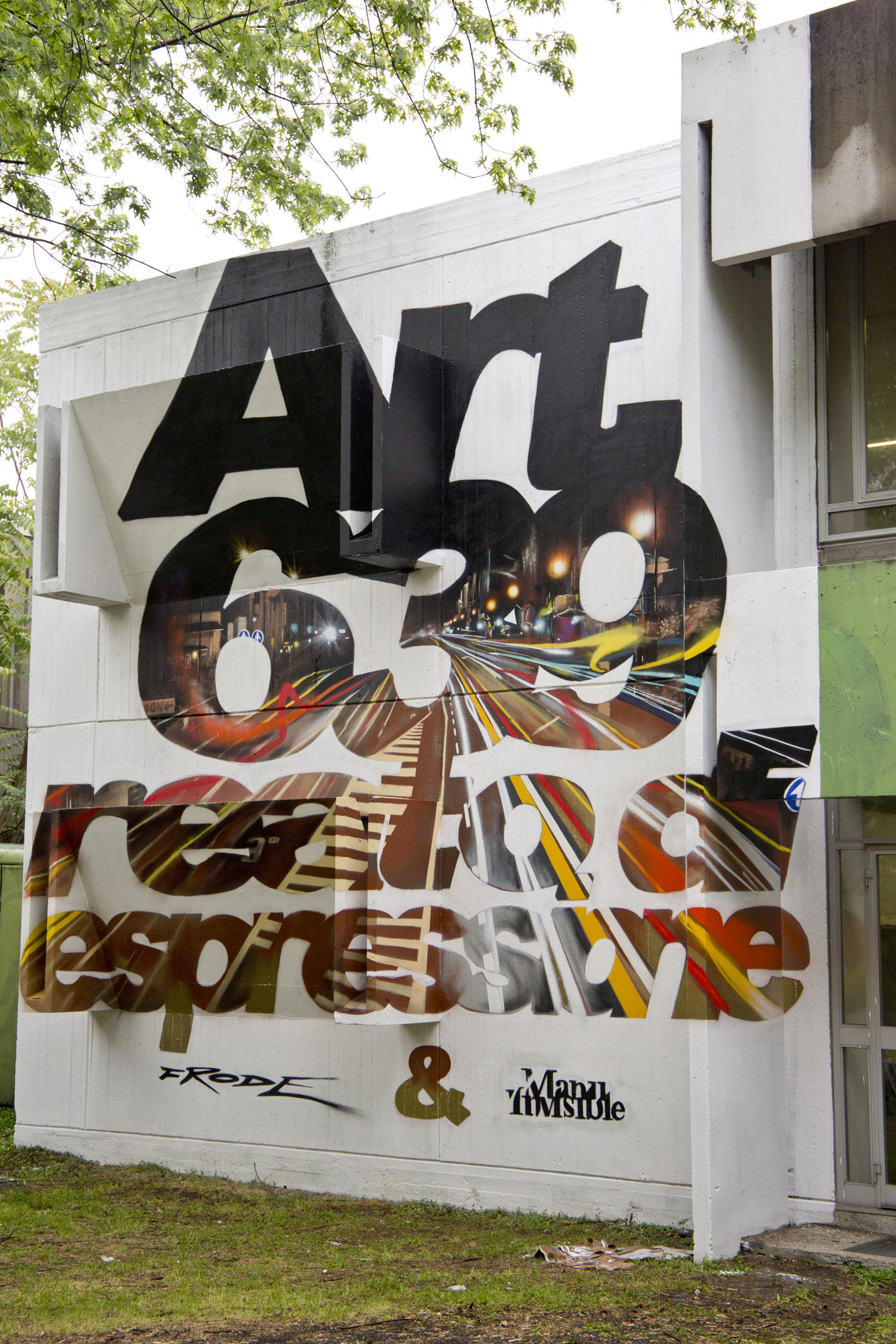 ''Art. 639 reato di espressione'' Spray e pittura al quarzo su muro 8x6,5 m Anamorfismo Feat. Frode Meeting of styles Milano 2017