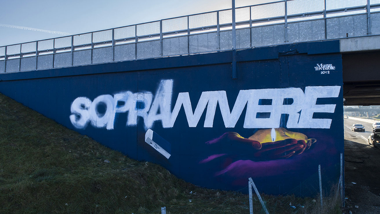 ''sopravVIVERE'' Spray et peinture acrilic sur le mur 5,5 x 15 m S.s.72 Rimini 2018