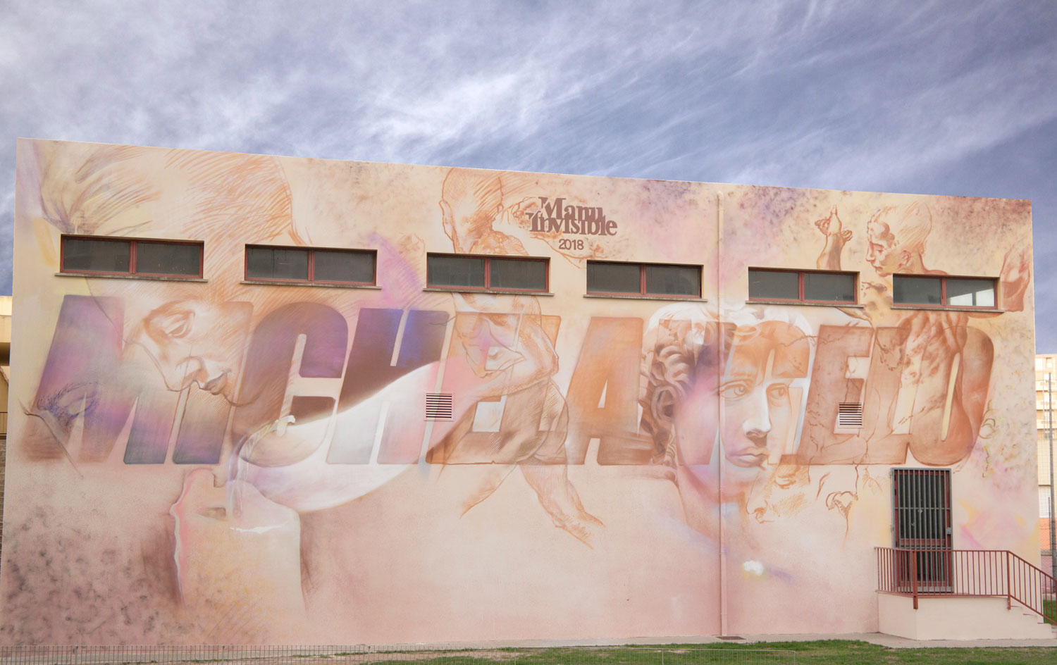 ''Michelangelo'' Spray and quartz paint on wall (tribute to Buonarroti) 8 x 24 m Scientific high school Michelangelo Cagliari 2018