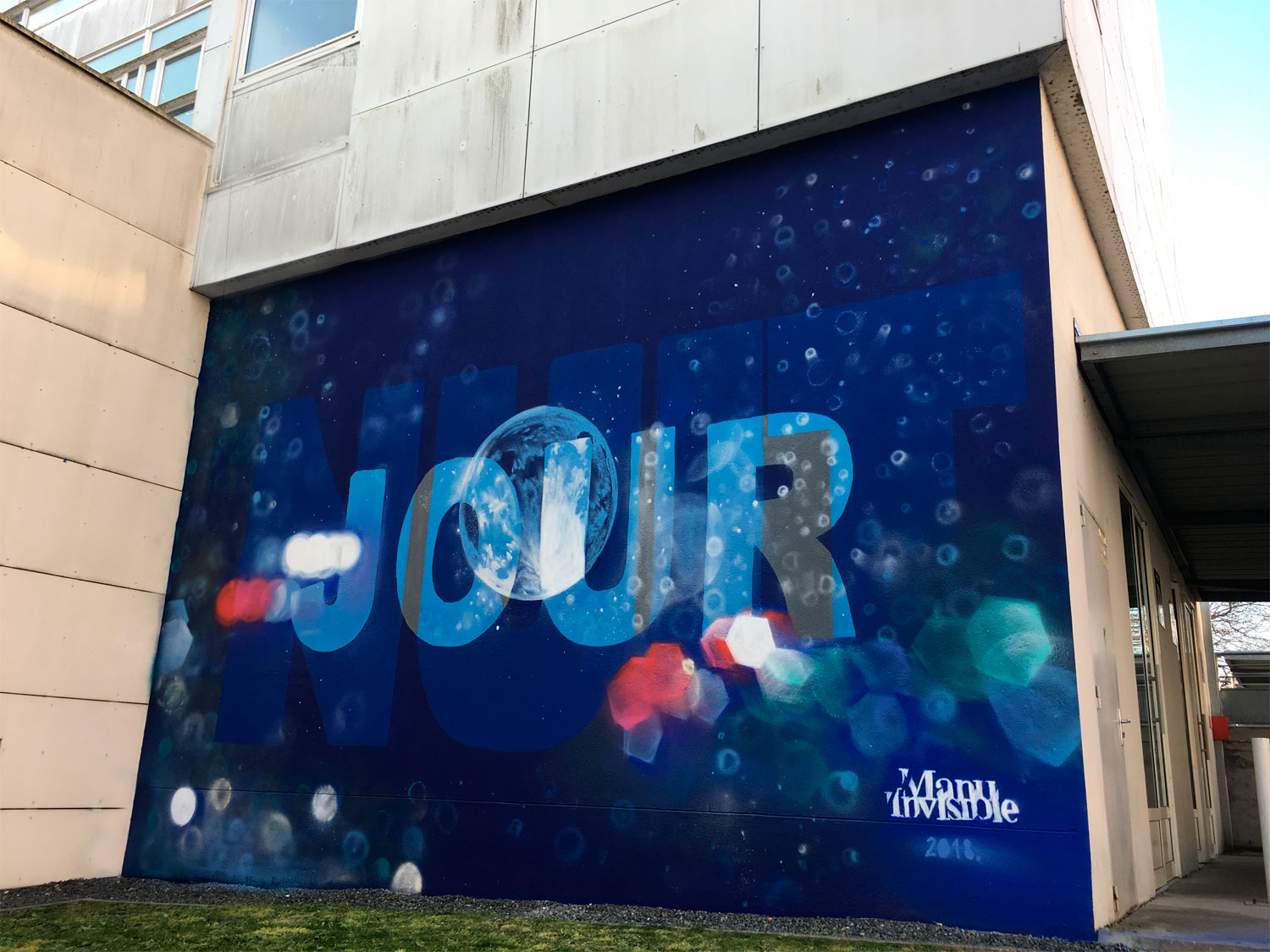''Le Jour & la Nuit'' Spray and acrylic paint on wall 5 x 7 m Sadi-Carnot High School Saumur 2018