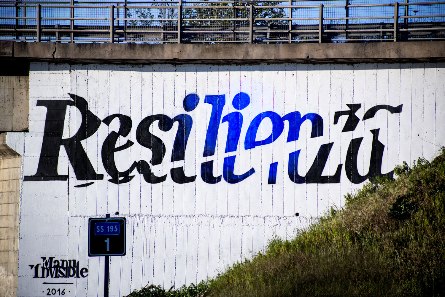 ''Resilienza'' Spray e quarzo su muro 8 x 4,5 m – Cagliari ss. 195 - 2016