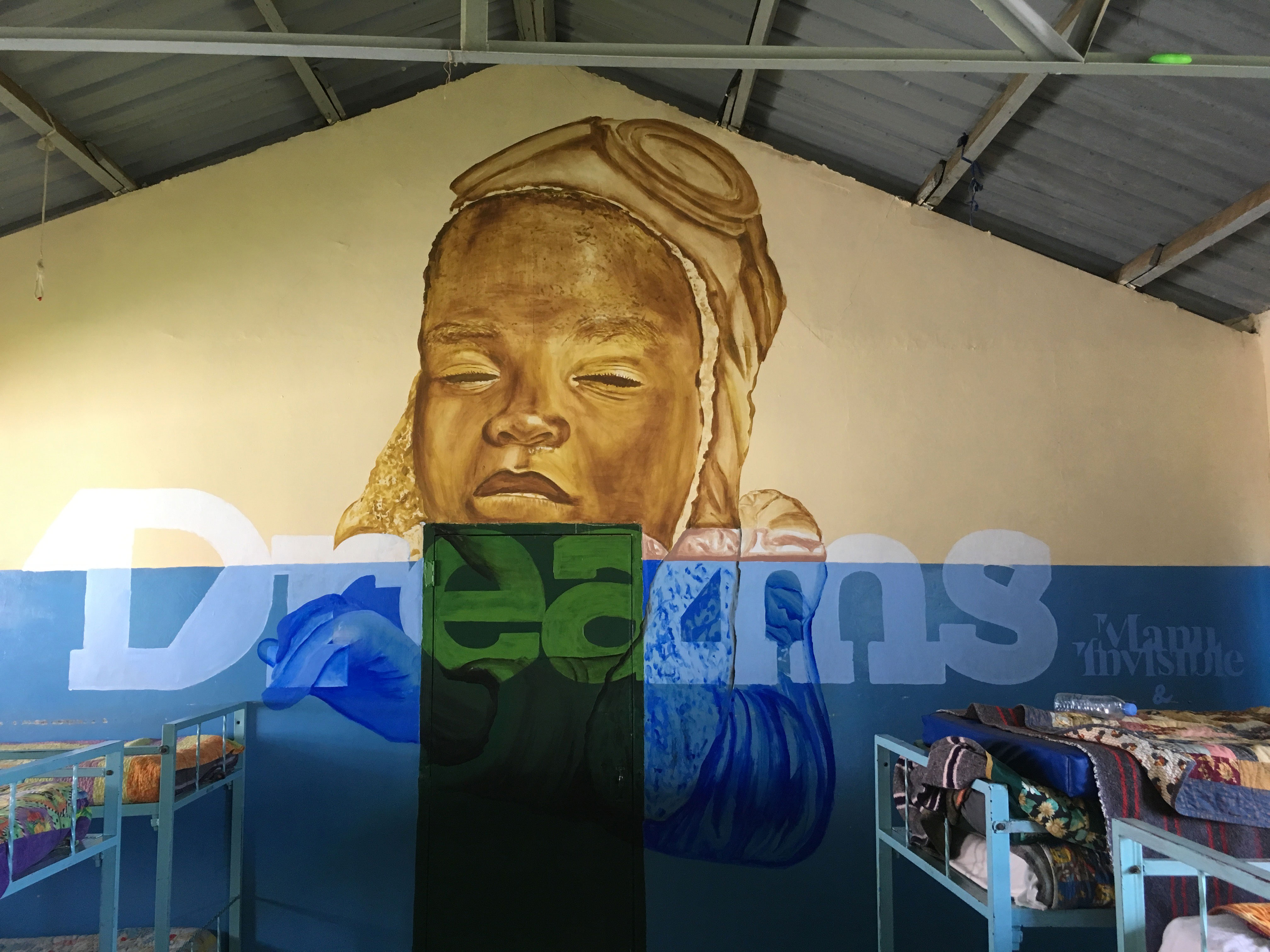 ''Dreams'' Spray and acrilic paint on wall and door 4,5 x 4 m Nanyuki (Africa) 2019