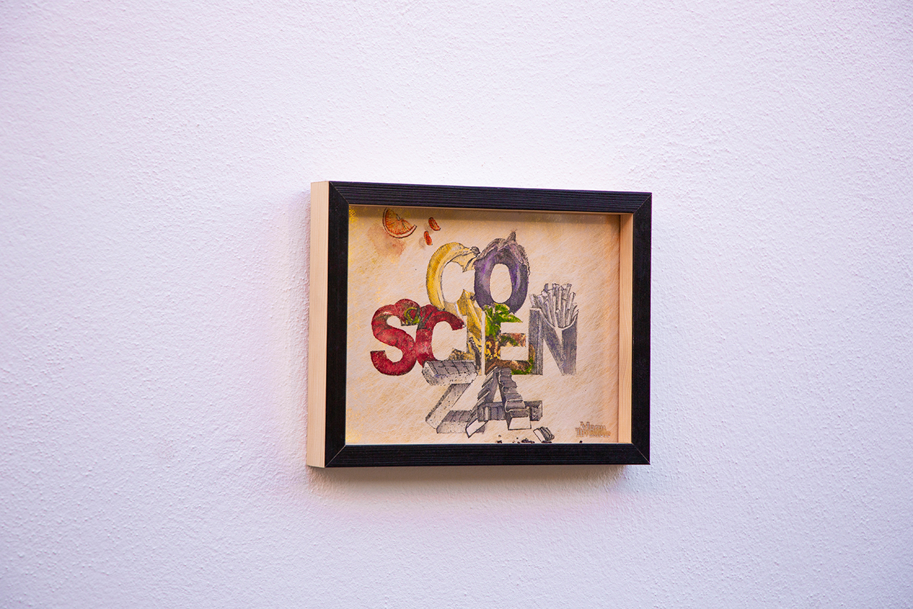 “Coscienza” Acrilico, spray, su carta pregiata 20,5 x 26x3,5 cm 2022